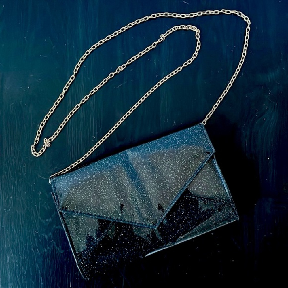 Charlotte Russe Black Sparkle Clutch Pursewith Gold Detachable Chain